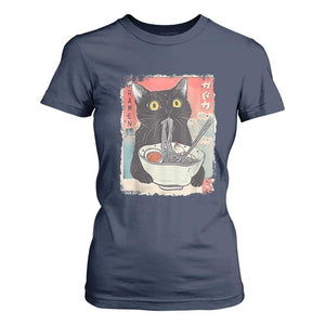 Funny Black Cat Eating Ramen Noodle Graphic T Shirt For Women Japanese Anime Manga Kawaii Cats TS02 Navy Print Your Wear