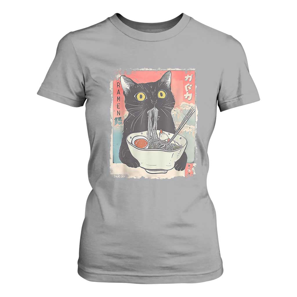 Funny Black Cat Eating Ramen Noodle Graphic T Shirt For Women Japanese Anime Manga Kawaii Cats TS02 Sport Gray Print Your Wear