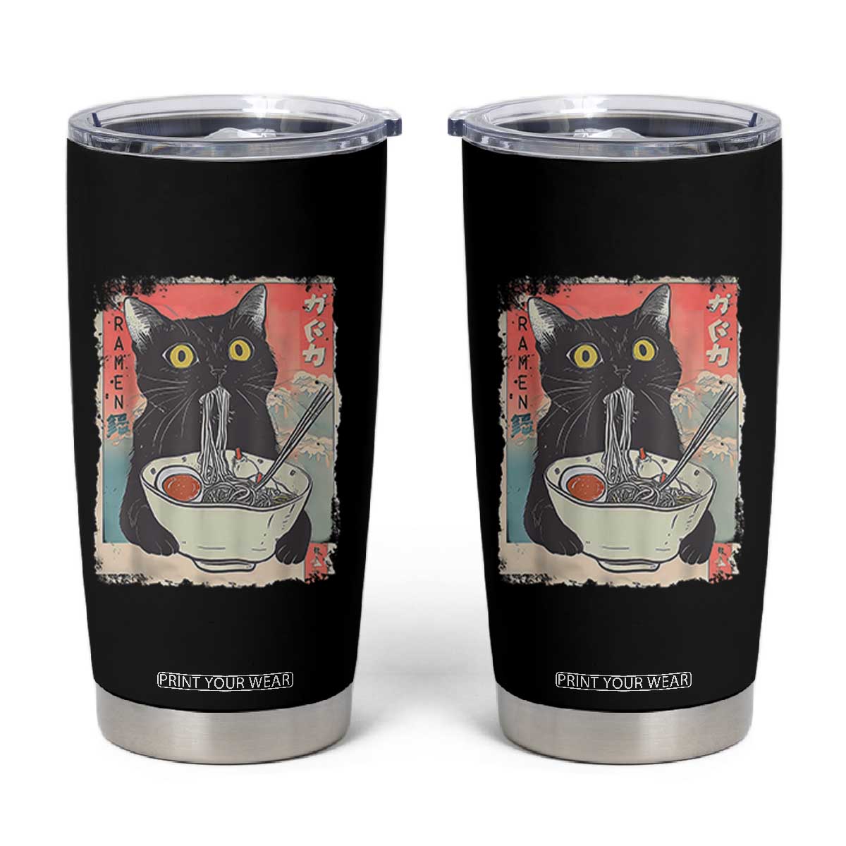 Funny Black Cat Eating Ramen Noodle Graphic Tumbler Cup Japanese Anime Manga Kawaii Cats TS02 Black Print Your Wear