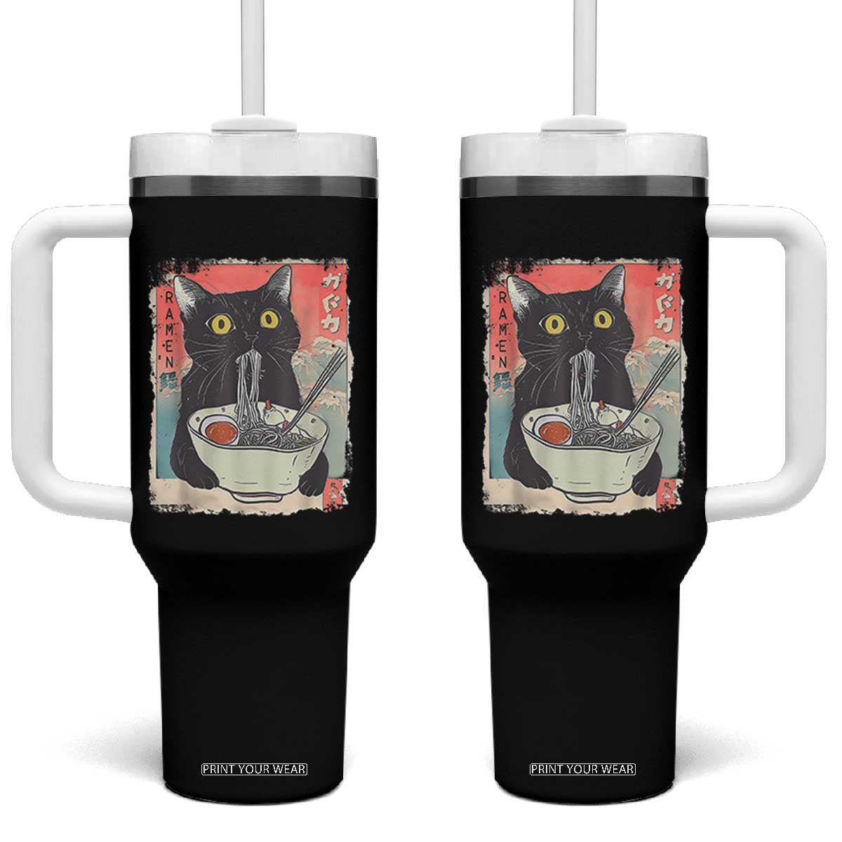 Funny Black Cat Eating Ramen Noodle Graphic Tumbler With Handle Japanese Anime Manga Kawaii Cats TS02 One Size: 40 oz Black Print Your Wear