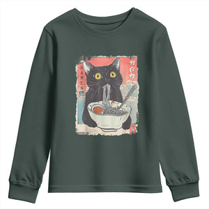 Funny Black Cat Eating Ramen Noodle Graphic Youth Sweatshirt Japanese Anime Manga Kawaii Cats TS02 Dark Forest Green Print Your Wear