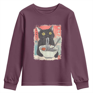 Funny Black Cat Eating Ramen Noodle Graphic Youth Sweatshirt Japanese Anime Manga Kawaii Cats TS02 Maroon Print Your Wear