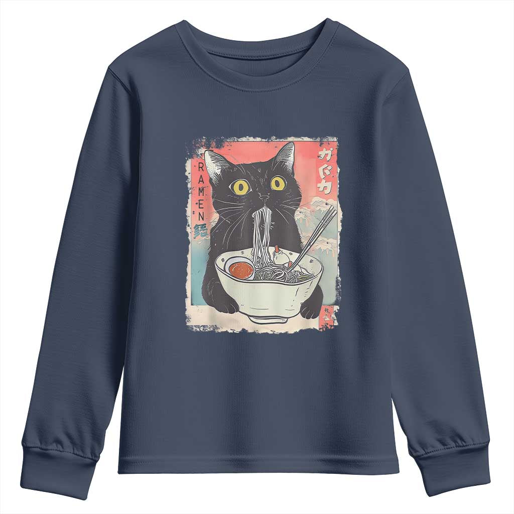 Funny Black Cat Eating Ramen Noodle Graphic Youth Sweatshirt Japanese Anime Manga Kawaii Cats TS02 Navy Print Your Wear