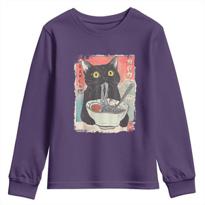 Funny Black Cat Eating Ramen Noodle Graphic Youth Sweatshirt Japanese Anime Manga Kawaii Cats TS02 Purple Print Your Wear
