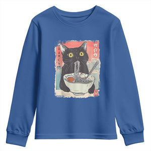 Funny Black Cat Eating Ramen Noodle Graphic Youth Sweatshirt Japanese Anime Manga Kawaii Cats TS02 Royal Blue Print Your Wear