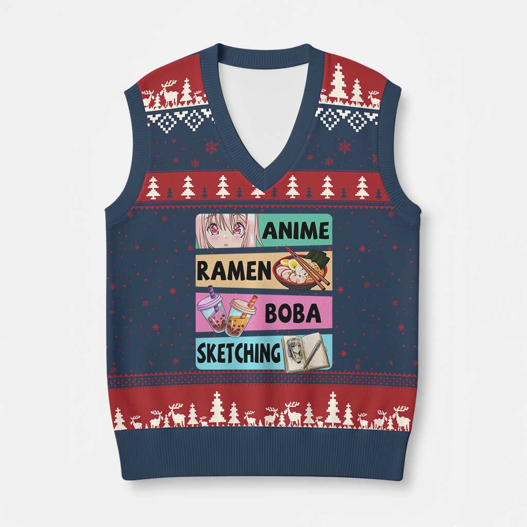 Anime Ramen Boba Sketching V-Neck Knit Sweater Vest Kawaii Otaku Manga Lover Japanese Pop Culture TS02 Navy Red Print Your Wear