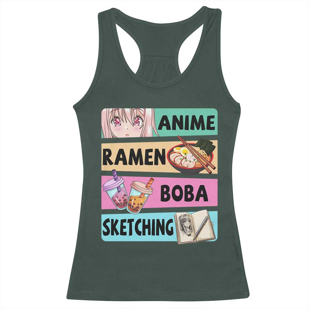 Anime Ramen Boba Sketching Racerback Tank Top Kawaii Otaku Manga Lover Japanese Pop Culture TS02 Dark Forest Green Print Your Wear