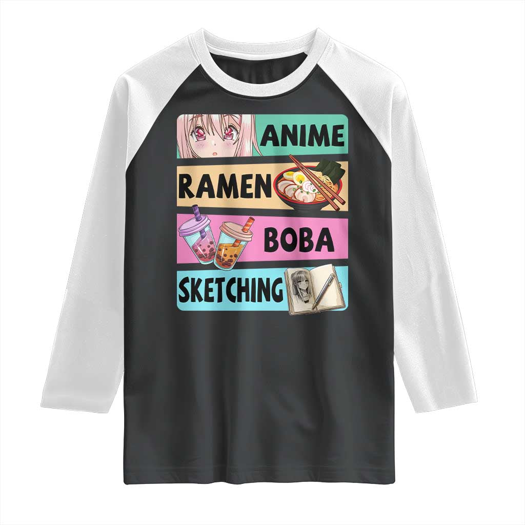 Anime Ramen Boba Sketching Raglan Shirt Kawaii Otaku Manga Lover Japanese Pop Culture TS02 Black White Print Your Wear
