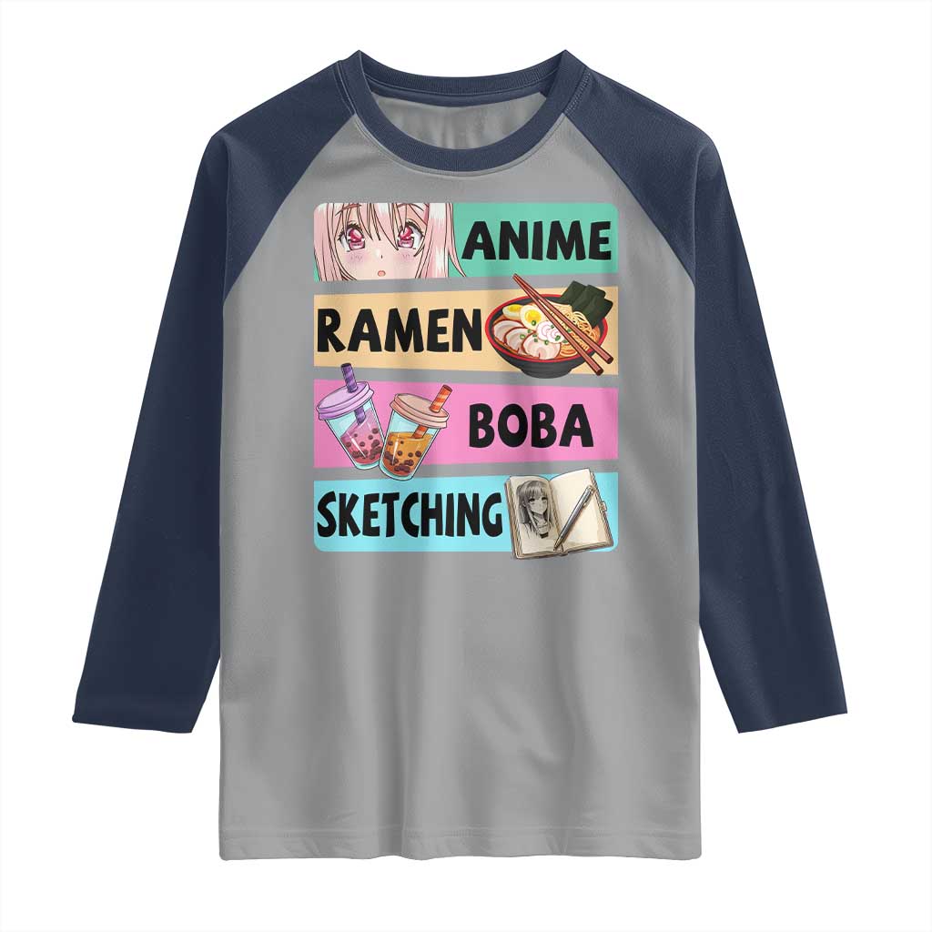 Anime Ramen Boba Sketching Raglan Shirt Kawaii Otaku Manga Lover Japanese Pop Culture TS02 Sport Gray Navy Print Your Wear