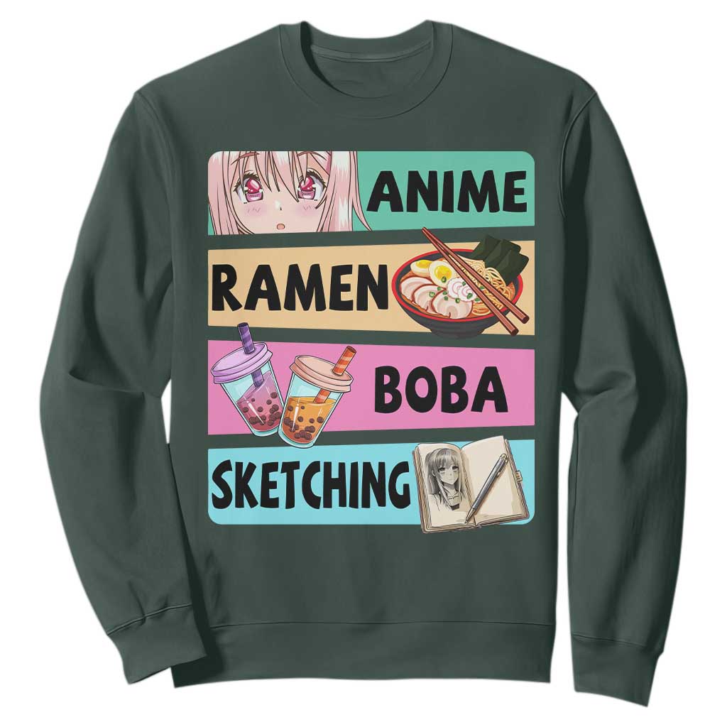 Anime Ramen Boba Sketching Sweatshirt Kawaii Otaku Manga Lover Japanese Pop Culture TS02 Dark Forest Green Print Your Wear