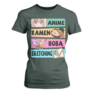 Anime Ramen Boba Sketching T Shirt For Women Kawaii Otaku Manga Lover Japanese Pop Culture TS02 Dark Forest Green Print Your Wear