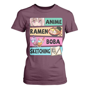 Anime Ramen Boba Sketching T Shirt For Women Kawaii Otaku Manga Lover Japanese Pop Culture TS02 Maroon Print Your Wear