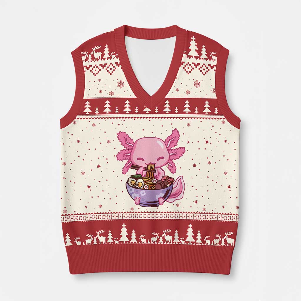 Kawaii Axolotl Eating Ramen V-Neck Knit Sweater Vest Japanese Noodles Lover Anime Otaku Manga TS02 Beige Red Print Your Wear