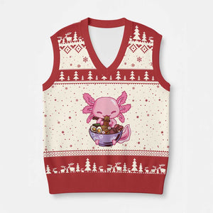 Kawaii Axolotl Eating Ramen V-Neck Knit Sweater Vest Japanese Noodles Lover Anime Otaku Manga TS02 Beige Red Print Your Wear