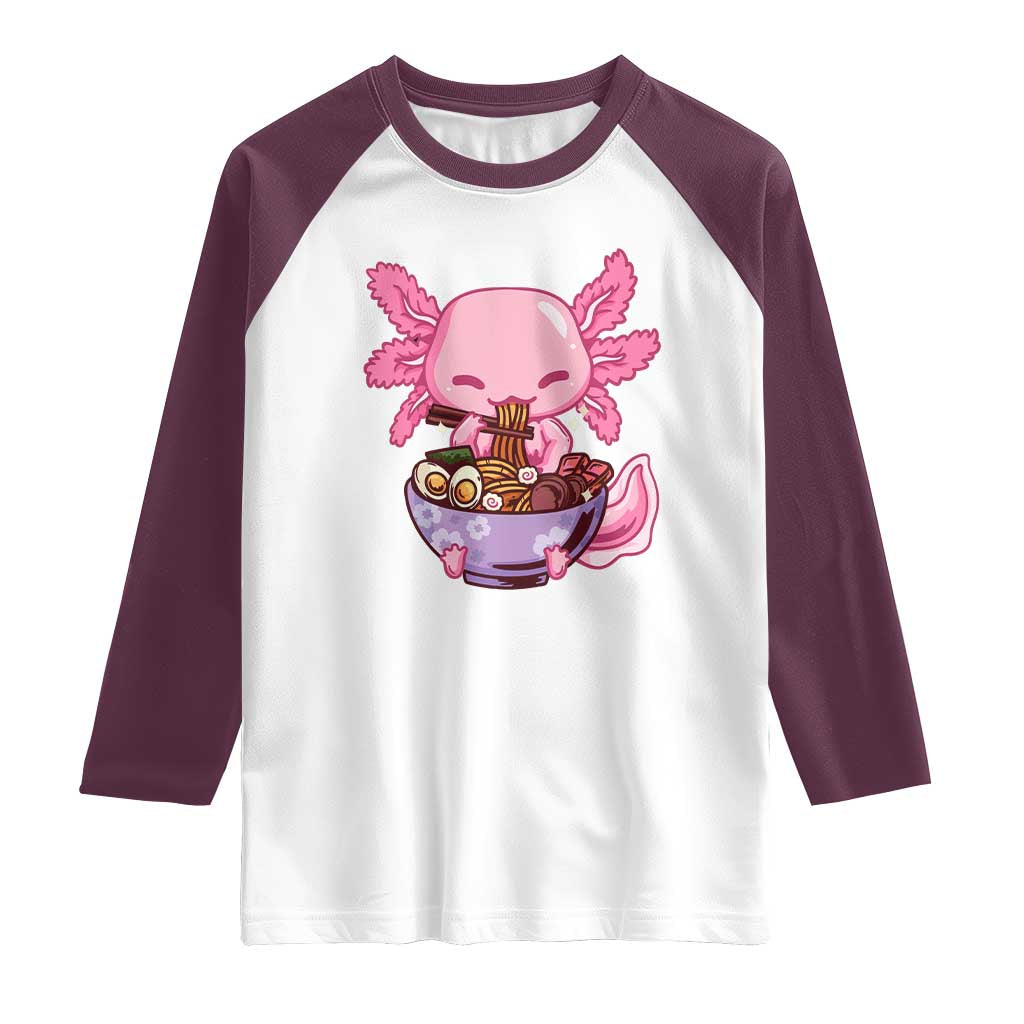 Kawaii Axolotl Eating Ramen Raglan Shirt Japanese Noodles Lover Anime Otaku Manga TS02 White Maroon Print Your Wear