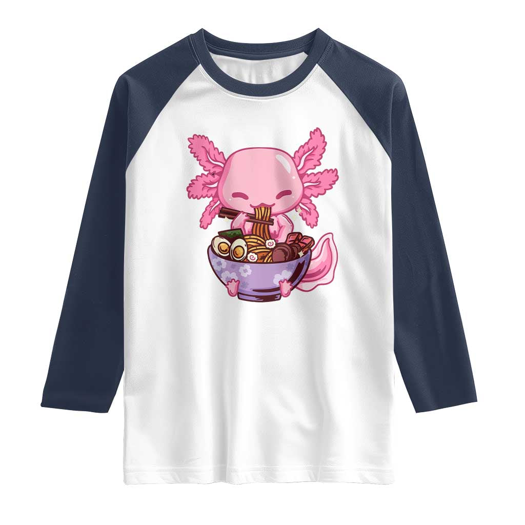 Kawaii Axolotl Eating Ramen Raglan Shirt Japanese Noodles Lover Anime Otaku Manga TS02 White Navy Print Your Wear