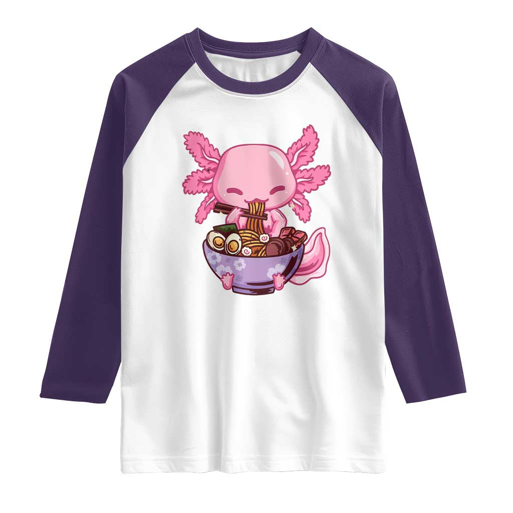 Kawaii Axolotl Eating Ramen Raglan Shirt Japanese Noodles Lover Anime Otaku Manga TS02 White Purple Print Your Wear