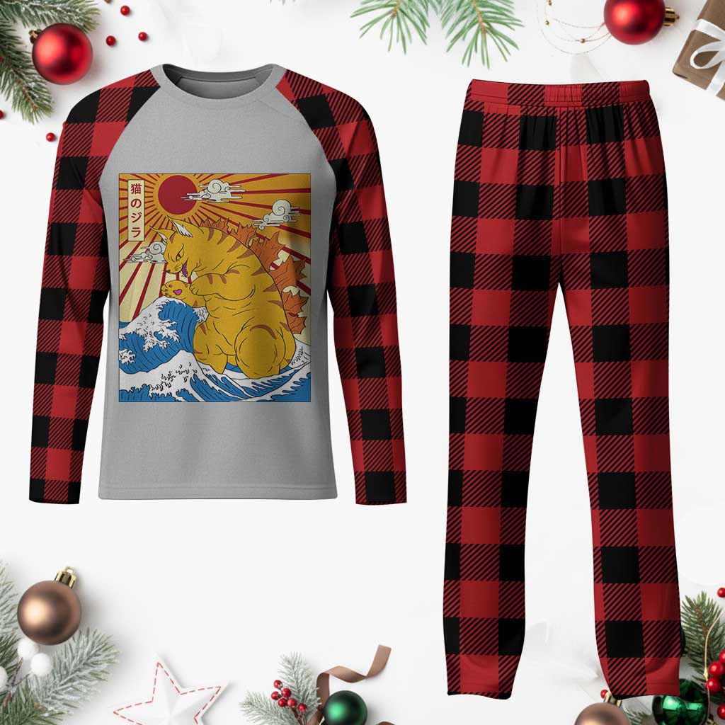 Funny Giant Cat Monster Japanese Anime Kawaii Plaid Pajama Set Retro Vintage Japan Inspo Graphic TS02 Buffalo Plaid Print Your Wear