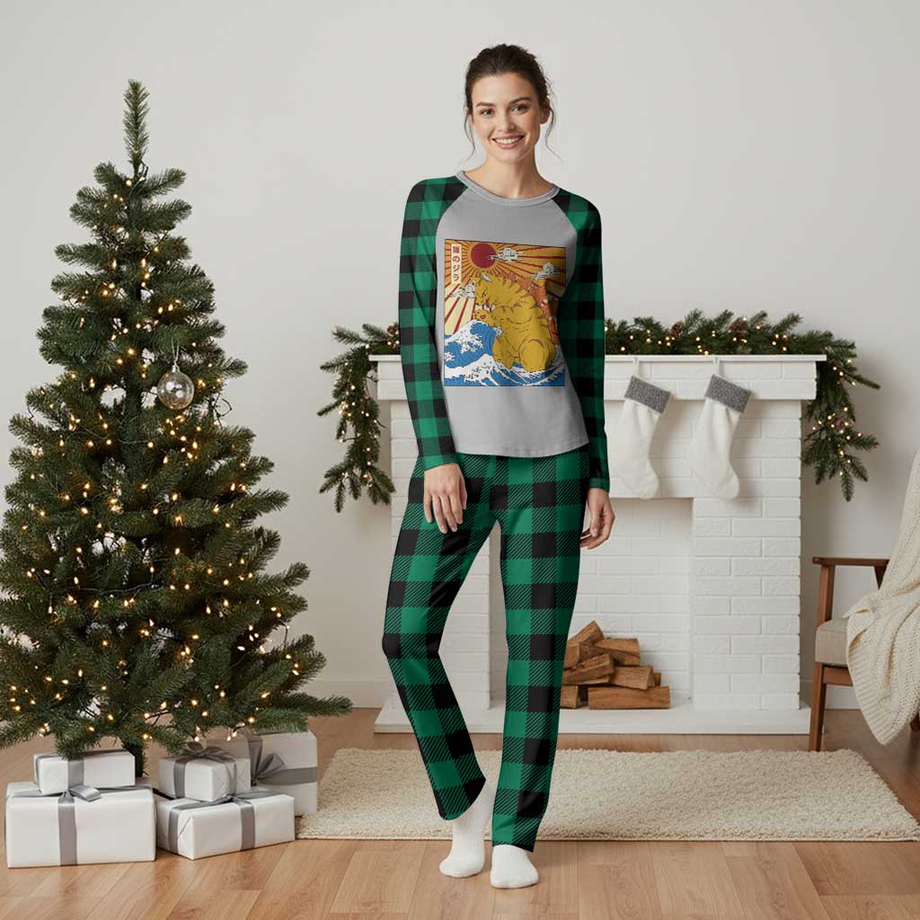 Funny Cat Japanese Anime Kawaii Plaid Pajama Set Catzilla Meme Retro Vintage Graphic TS02 Green Plaid Print Your Wear