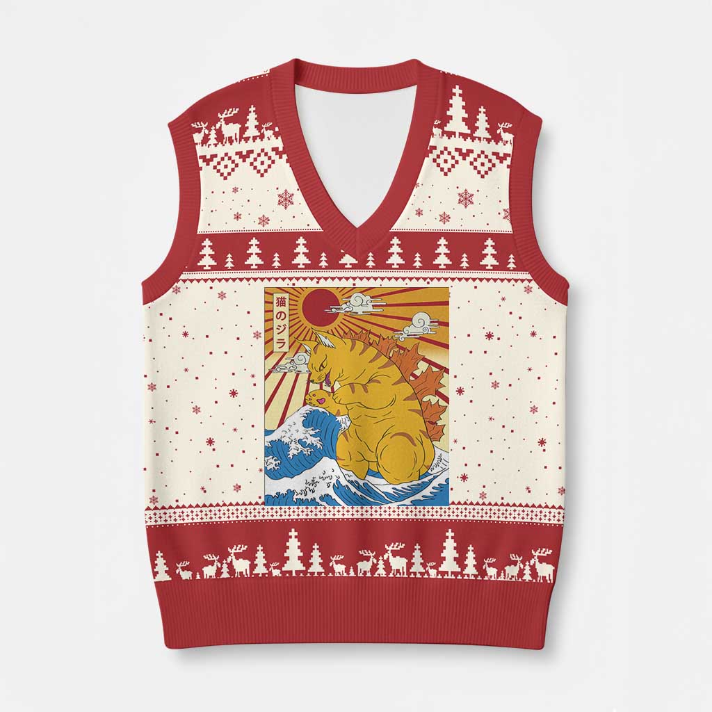 Funny Giant Cat Monster Japanese Anime Kawaii V-Neck Knit Sweater Vest Retro Vintage Japan Inspo Graphic TS02 Beige Red Print Your Wear