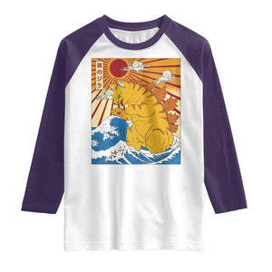 Funny Cat Japanese Anime Kawaii Raglan Shirt Catzilla Meme Retro Vintage Graphic TS02 White Purple Print Your Wear