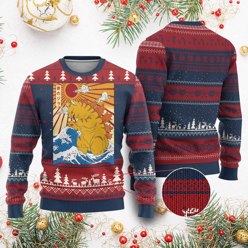 Funny Giant Cat Monster Japanese Anime Kawaii Ugly Christmas Sweater Retro Vintage Japan Inspo Graphic TS02 Burgundy Print Your Wear