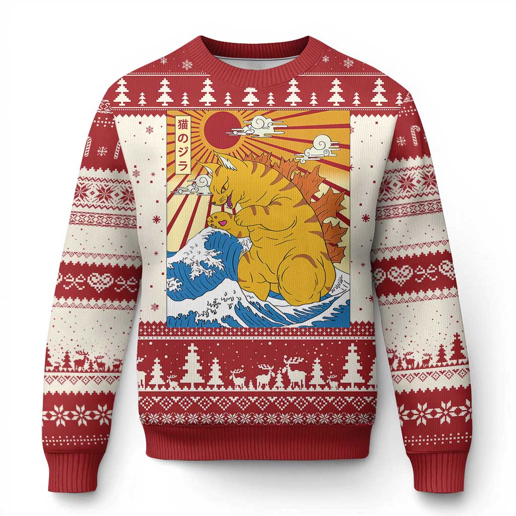 Funny Cat Japanese Anime Kawaii Ugly Christmas Sweater Catzilla Meme Retro Vintage Graphic TS02 Red Print Your Wear