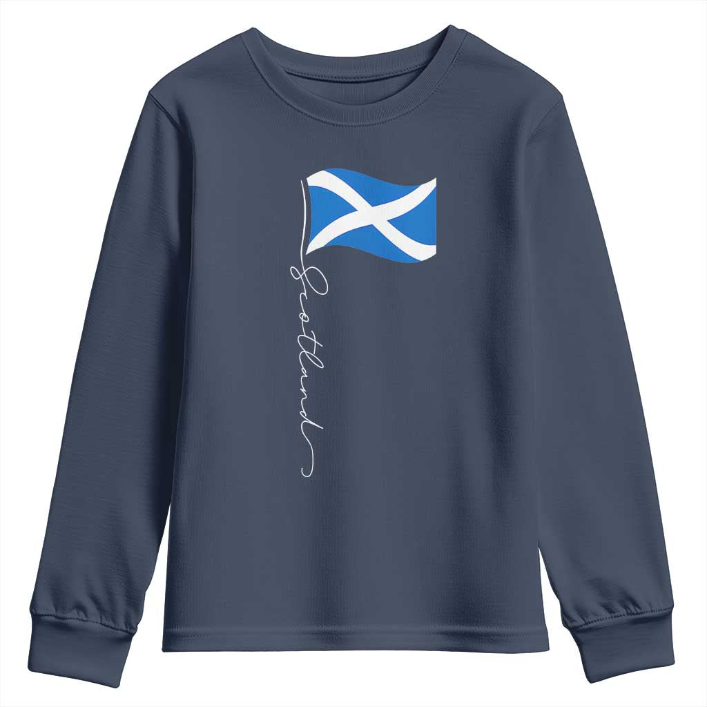 Scotland Saltire Waving Flag Youth Sweatshirt Minimalist Scottish Heritage Pride TS02 Navy Print Your Wear