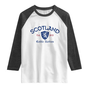 Scotland Celtic Nation Est 843 Raglan Shirt Lion Rampant Shield Patriotic Scottish Heritage