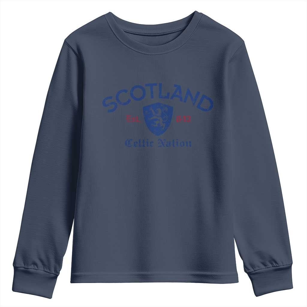Scotland Celtic Nation Est 843 Youth Sweatshirt Lion Rampant Shield Patriotic Scottish Heritage TS02 Navy Print Your Wear