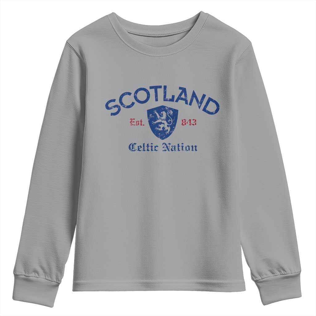 Scotland Celtic Nation Est 843 Youth Sweatshirt Lion Rampant Shield Patriotic Scottish Heritage