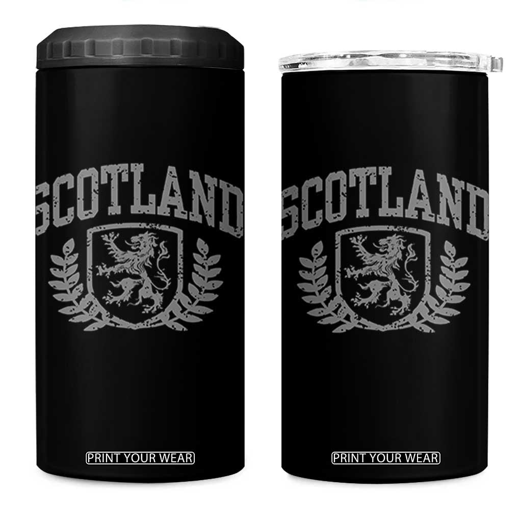Scotland Lion Rampant Distressed Crest 4 in 1 Can Cooler Tumbler Scottish Heritage Monochrome Laurel Wreath Vintage Graphic