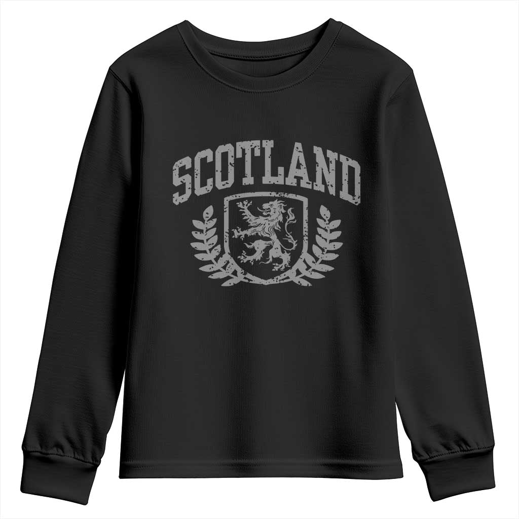Scotland Lion Rampant Distressed Crest Youth Sweatshirt Scottish Heritage Monochrome Laurel Wreath Vintage Graphic