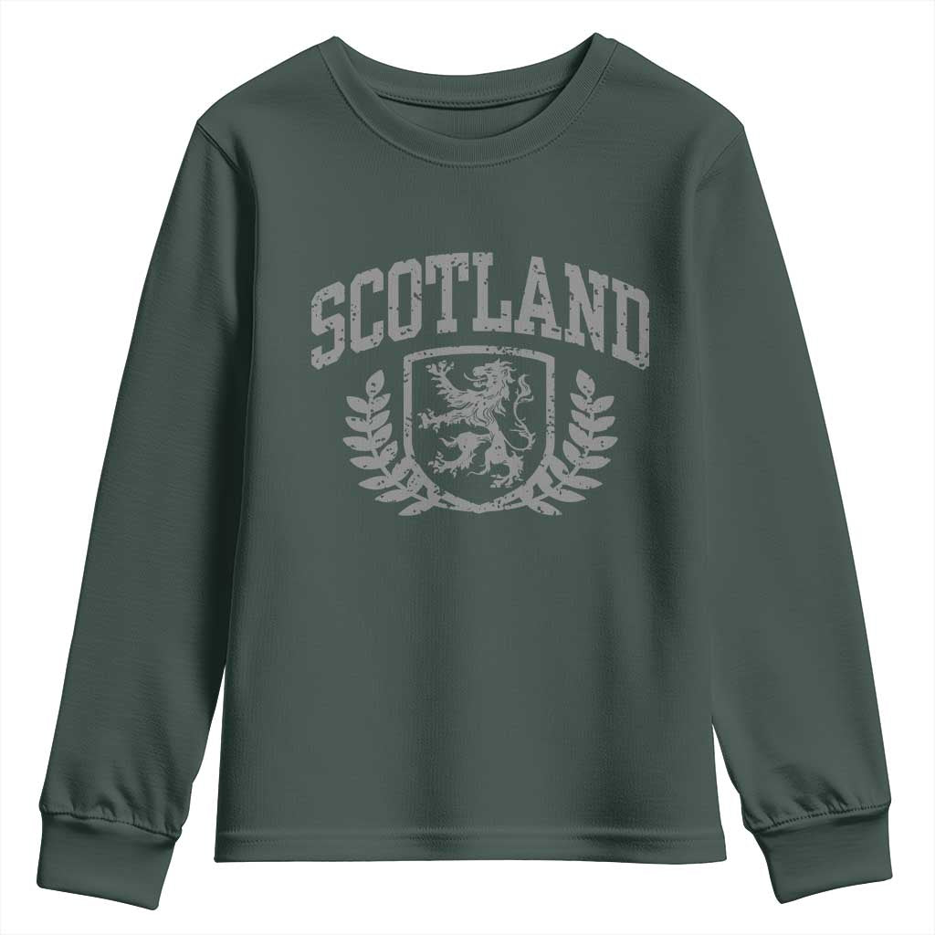 Scotland Lion Rampant Distressed Crest Youth Sweatshirt Scottish Heritage Monochrome Laurel Wreath Vintage Graphic