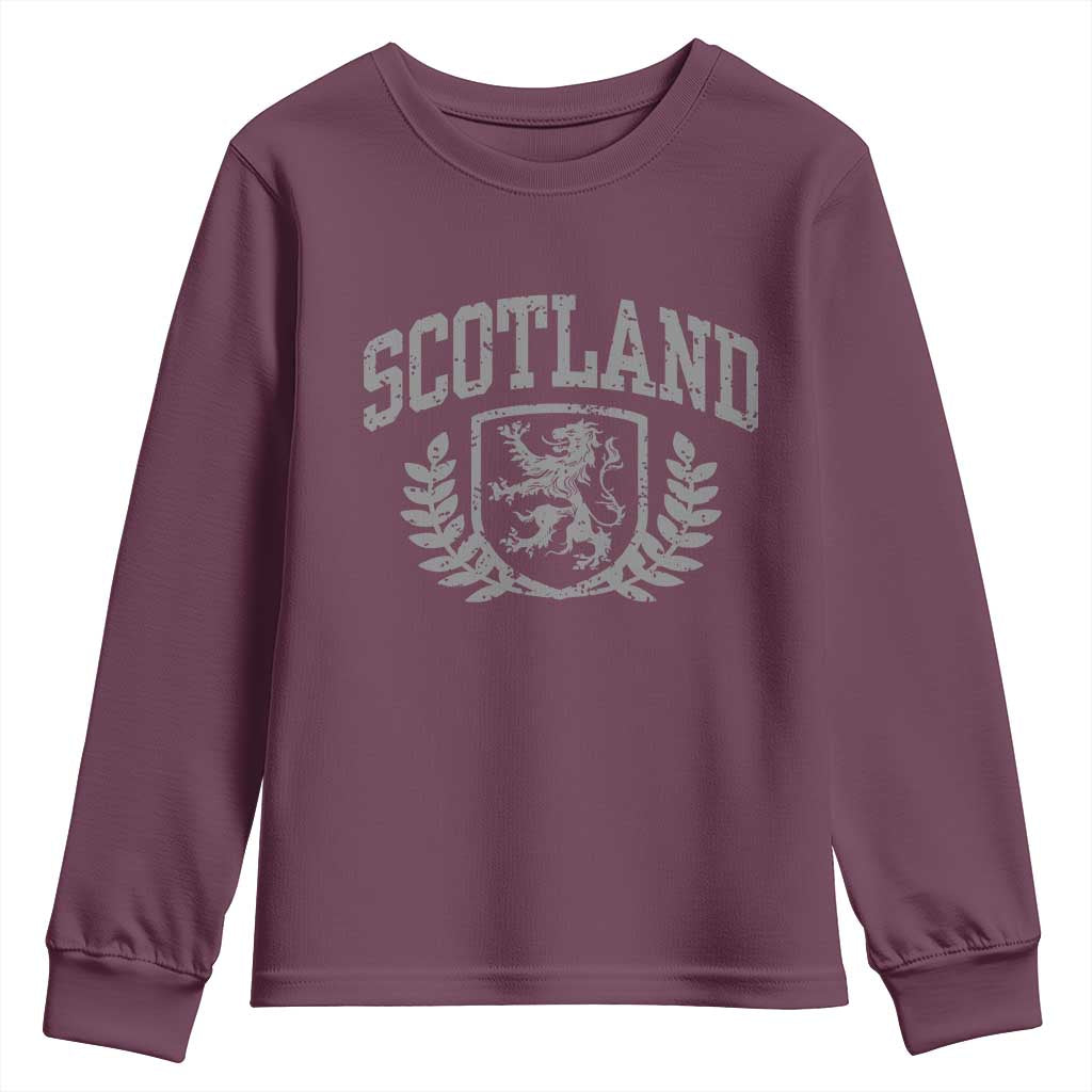 Scotland Lion Rampant Distressed Crest Youth Sweatshirt Scottish Heritage Monochrome Laurel Wreath Vintage Graphic