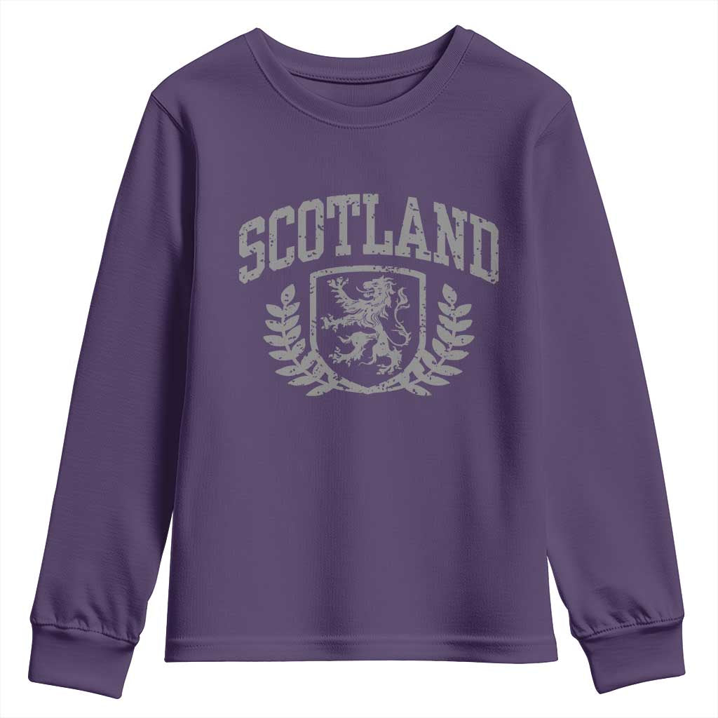 Scotland Lion Rampant Distressed Crest Youth Sweatshirt Scottish Heritage Monochrome Laurel Wreath Vintage Graphic