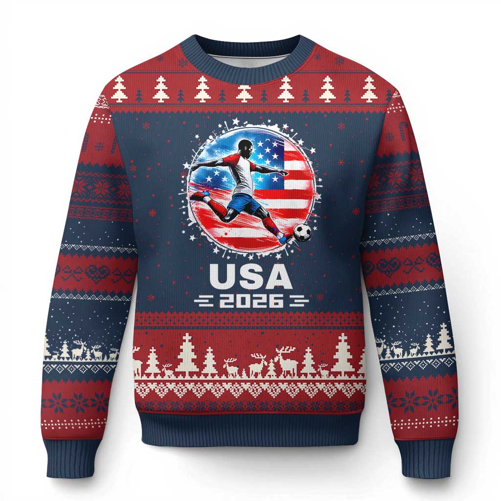 USA Soccer Patriotic Player 2026 Graphic Ugly Christmas Sweater United States Football Fan Spirit TS02 Navy Red Print Your Wear