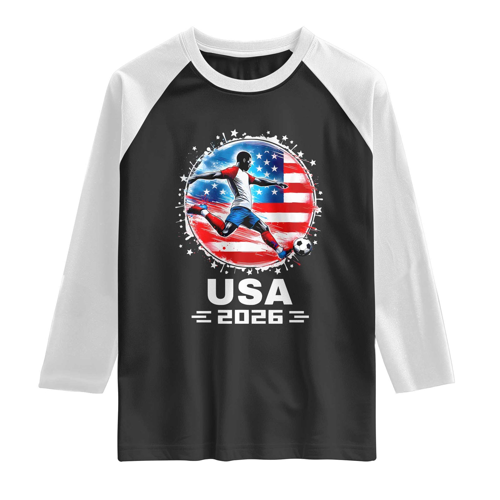 USA Soccer Patriotic Player 2026 Graphic Raglan Shirt United States Football Fan Spirit TS02 Black White Print Your Wear