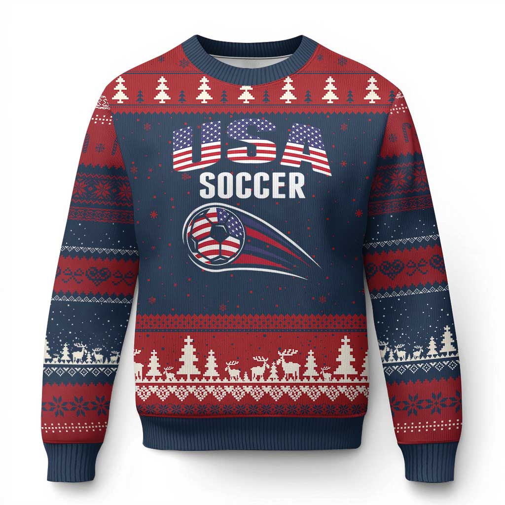 Patriotic USA Soccer Stars and Stripes Graphic Ugly Christmas Sweater American Football Fan Game Day Spirit TS02 Navy Red Print Your Wear
