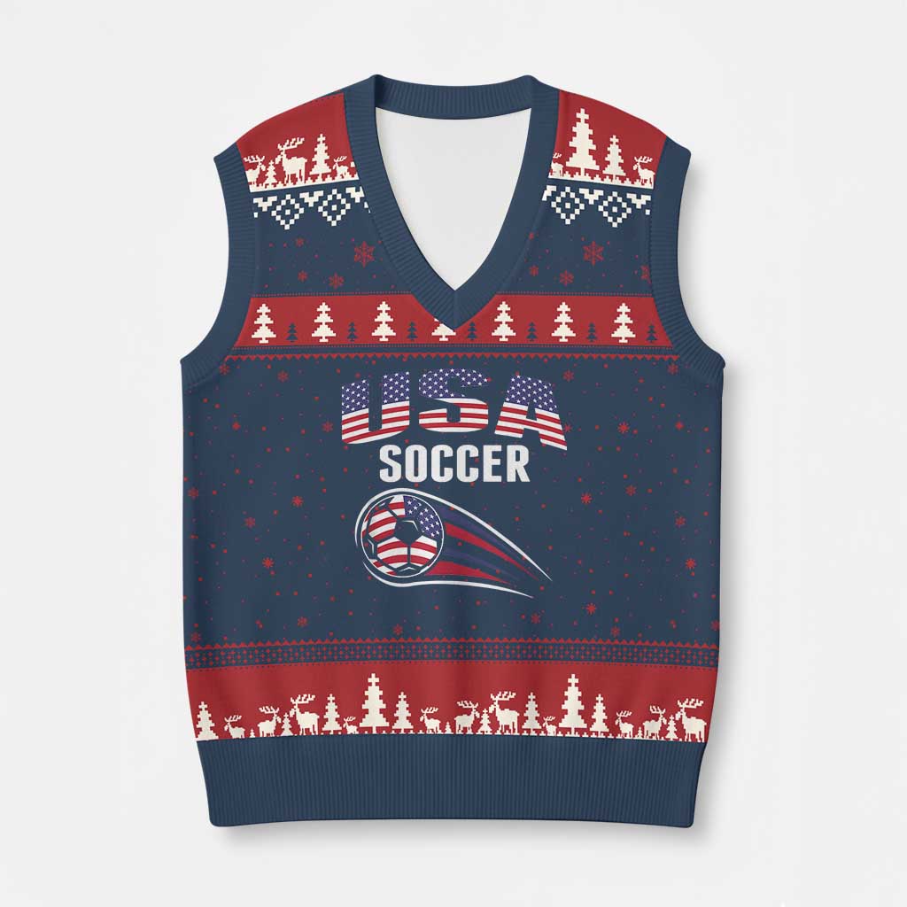 Patriotic USA Soccer Stars and Stripes Graphic V-Neck Knit Sweater Vest American Football Fan Game Day Spirit