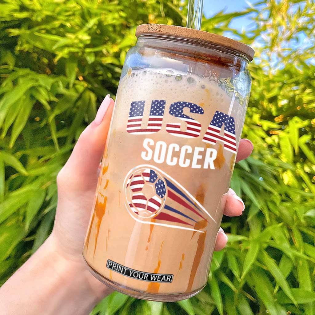 Patriotic USA Soccer Stars and Stripes Graphic Glass Can American Football Fan Game Day Spirit