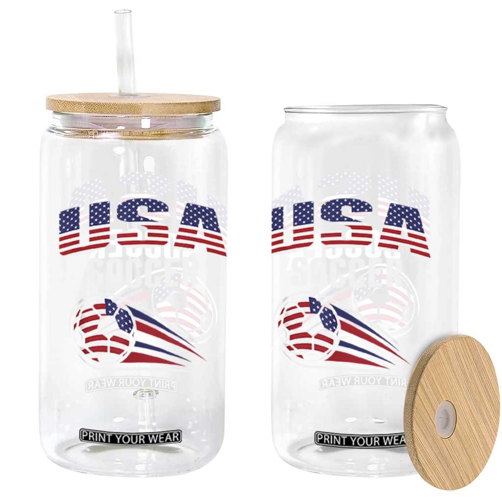 Patriotic USA Soccer Stars and Stripes Graphic Glass Can American Football Fan Game Day Spirit
