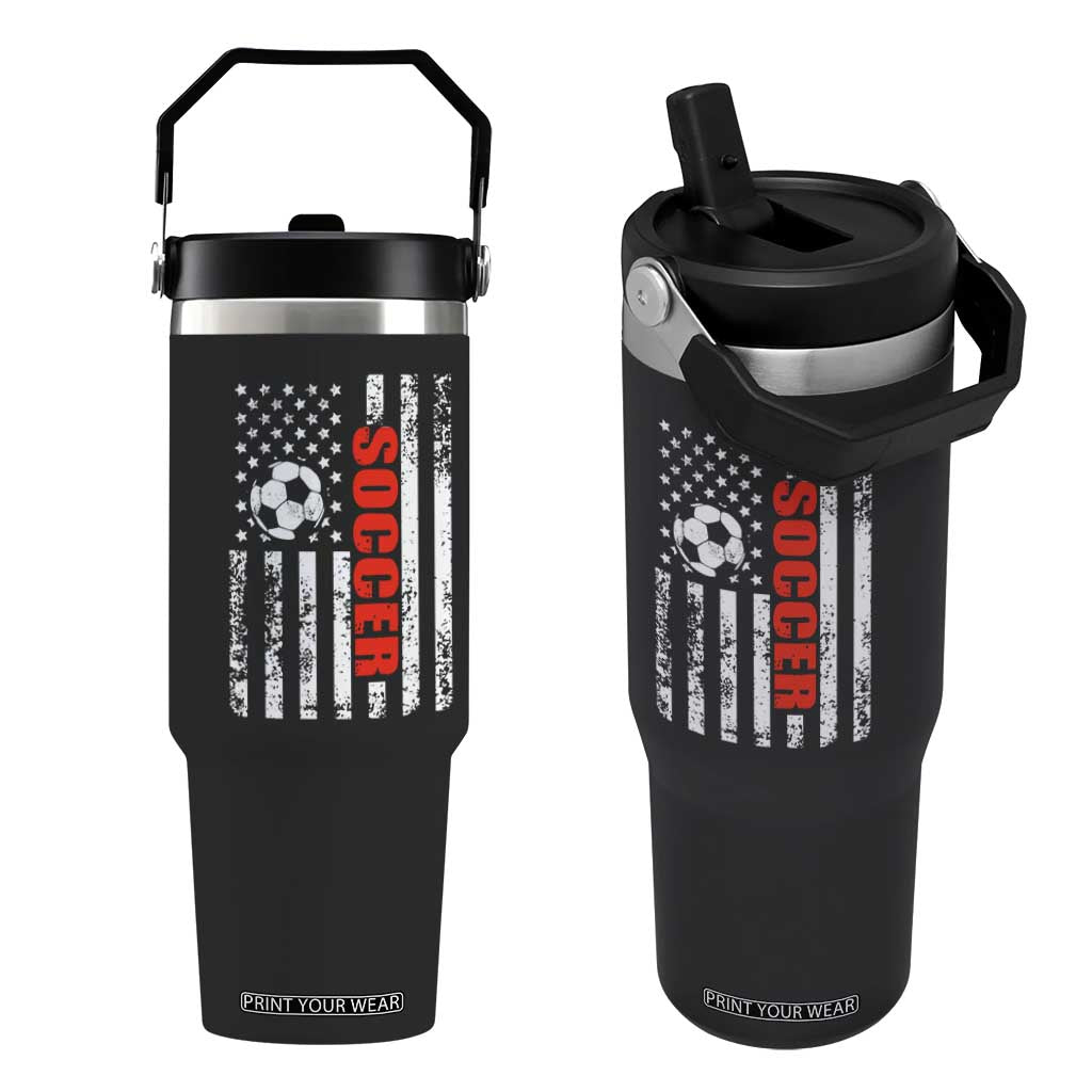 Distressed USA Flag Soccer Player Flip Straw Tumbler Patriotic American Football Lover