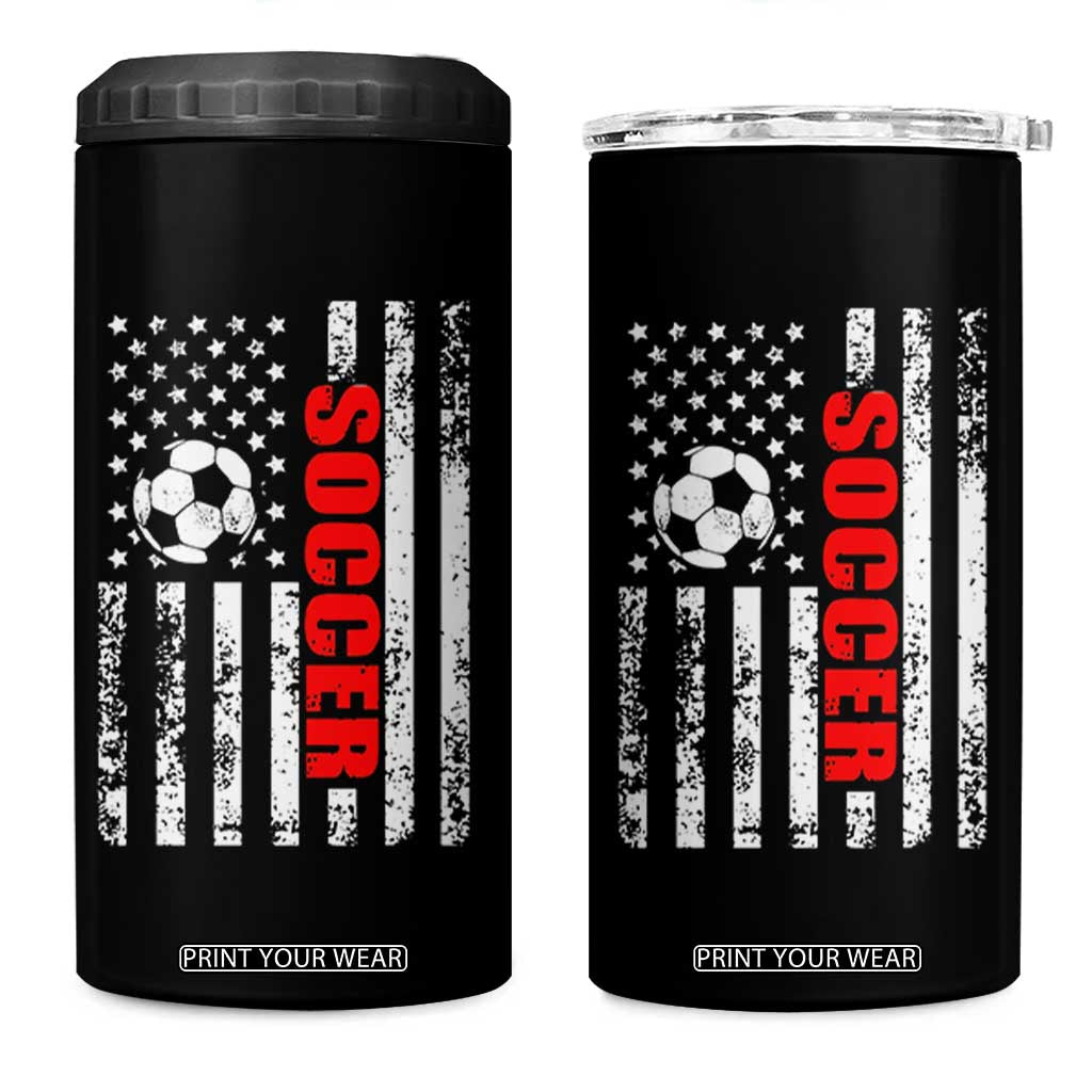 Distressed USA Flag Soccer Player 4 in 1 Can Cooler Tumbler Patriotic American Football Lover