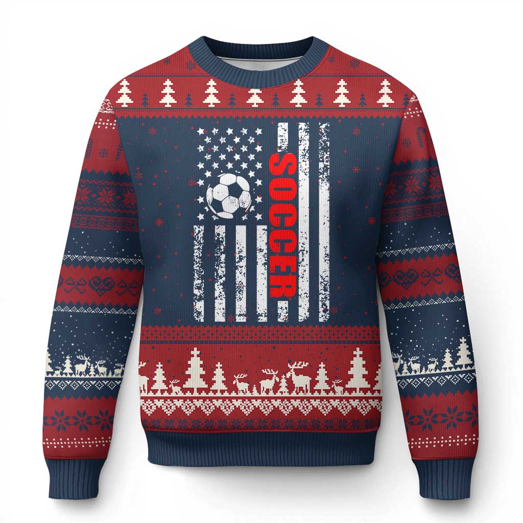 Distressed USA Flag Soccer Player Ugly Christmas Sweater Patriotic American Football Lover