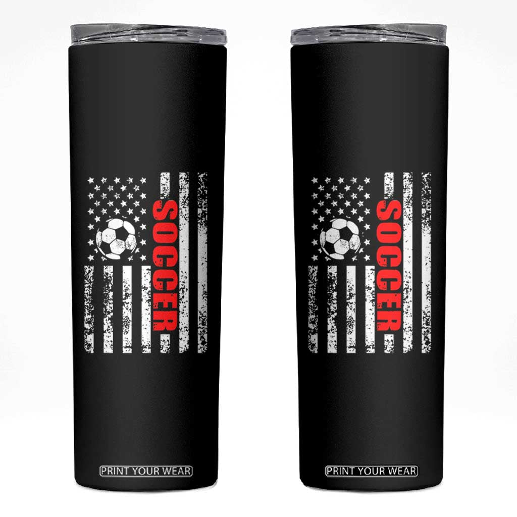 Distressed USA Flag Soccer Player Skinny Tumbler Patriotic American Football Lover