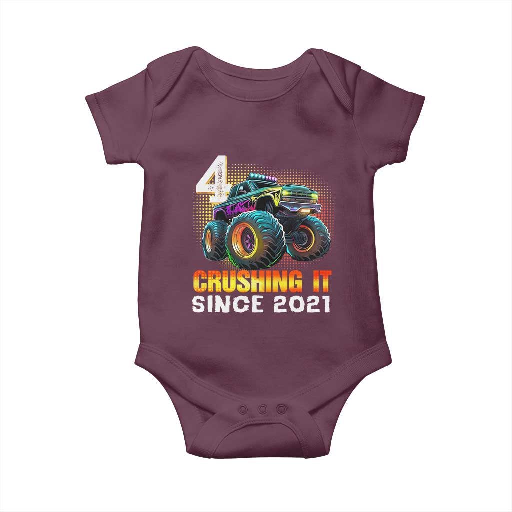 Monster Truck Birthday Baby Onesie Happy 4th Bday Party 4 Years Old Boy TS02 Maroon Print Your Wear