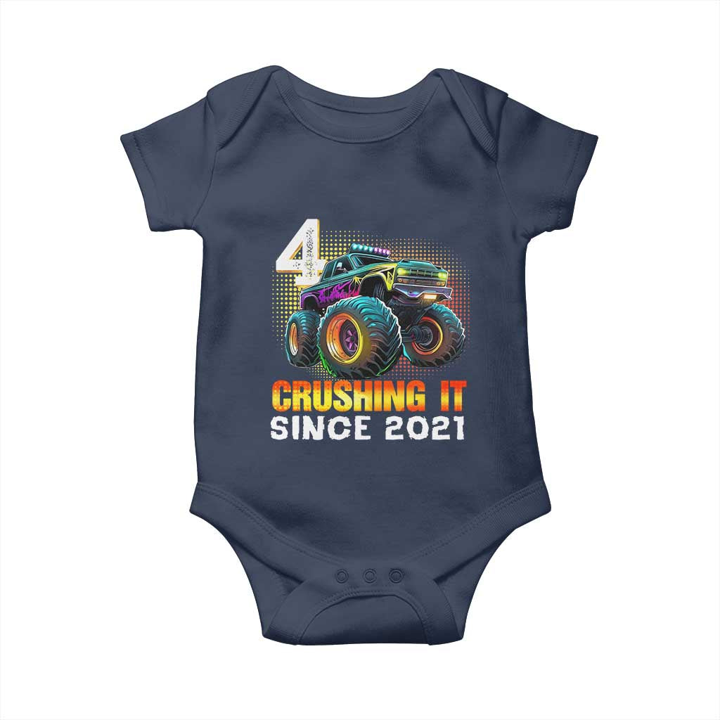 Monster Truck Birthday Baby Onesie Happy 4th Bday Party 4 Years Old Boy TS02 Navy Print Your Wear