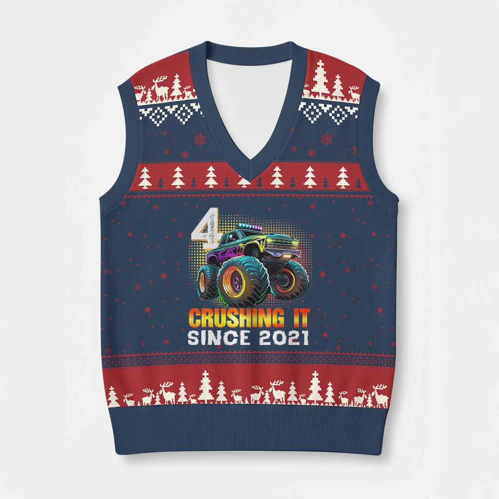 Monster Truck Birthday V-Neck Knit Sweater Vest Happy 4th Bday Party 4 Years Old Boy TS02 Navy Red Print Your Wear