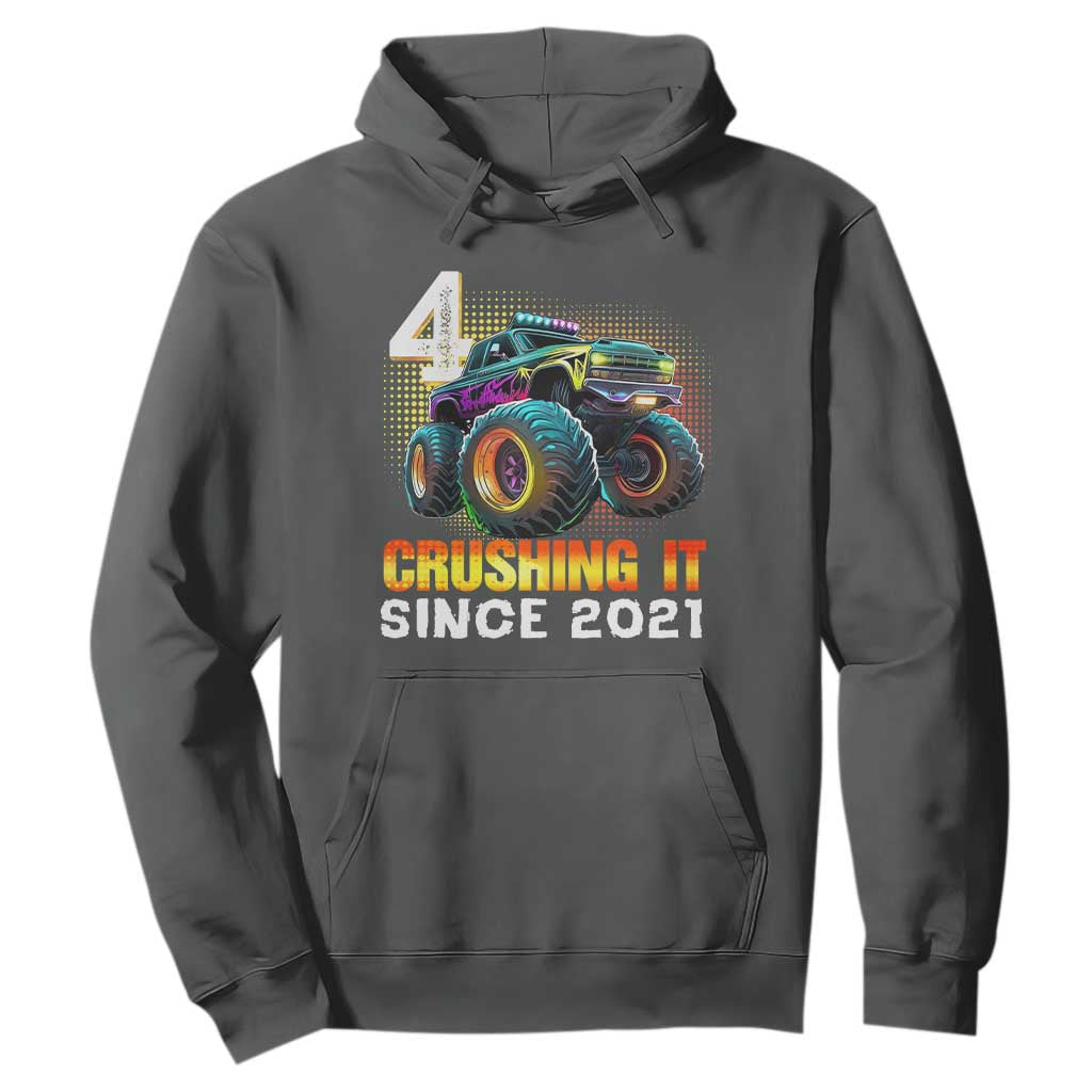 Monster Truck Birthday Hoodie Happy 4th Bday Party 4 Years Old Boy TS02 Dark Heather Print Your Wear